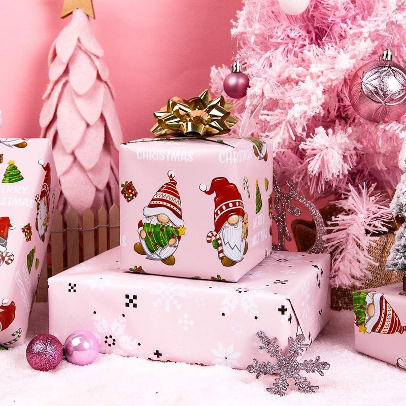 Retrify Christmas Wrapping Paper - 17 Inch x 32.8 Feet Mini Roll - Cute Red Green Gnome Snowflake Foil Girly Pink Gift Wrap Paper for Holiday Shower Party Celebration - Image 4